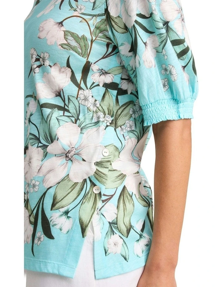 Printed Button Detail T-shirt in Blue image 3