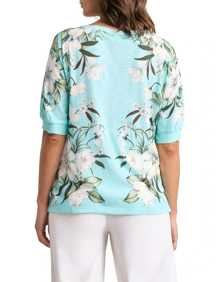 Printed Button Detail T-shirt in Blue image 4