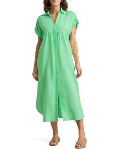 Linen Gather Front Dress in Bright Apple