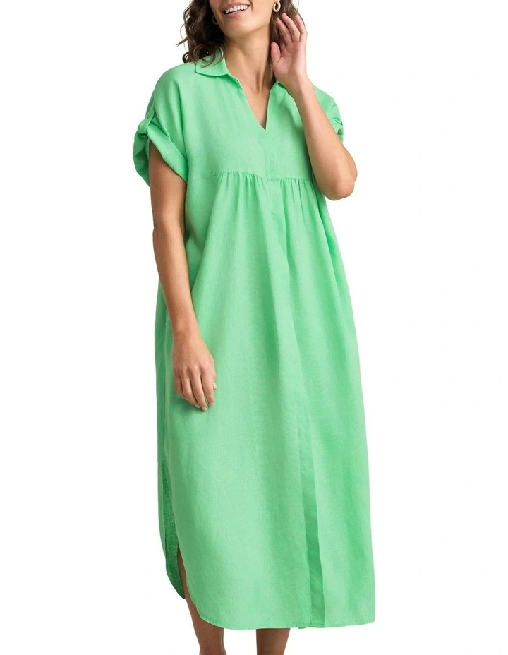 Linen Gather Front Dress in Bright Apple image 2