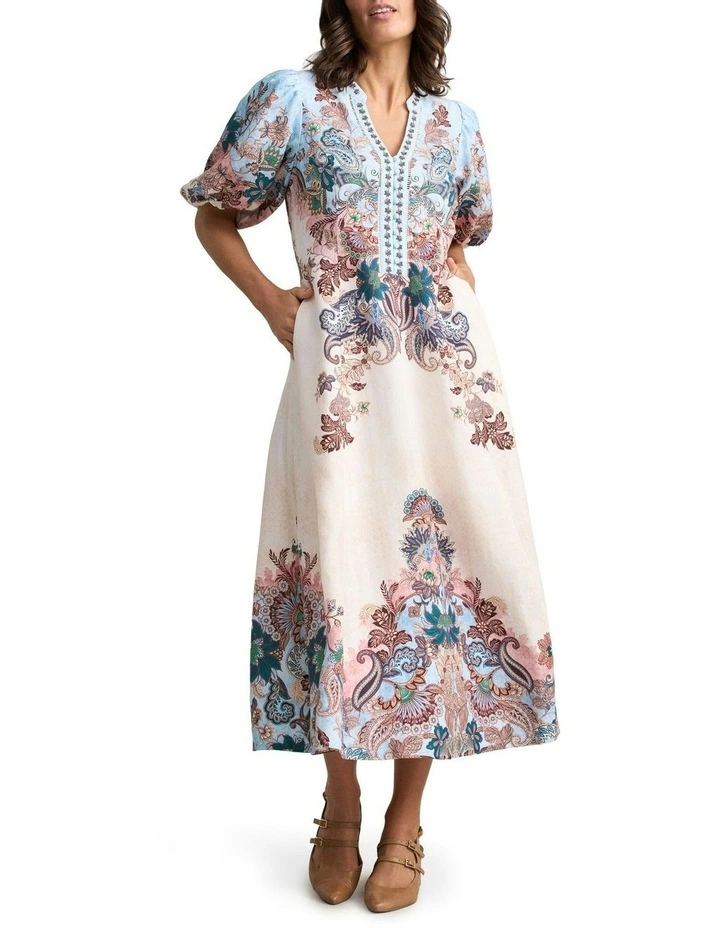 Printed Linen Blend Dress in Multi image 1