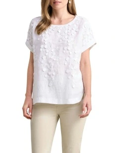 Mixed Linen Floral T-shirt in White