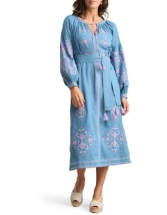 Embroidered Folk Dress in Mid Denim Blue