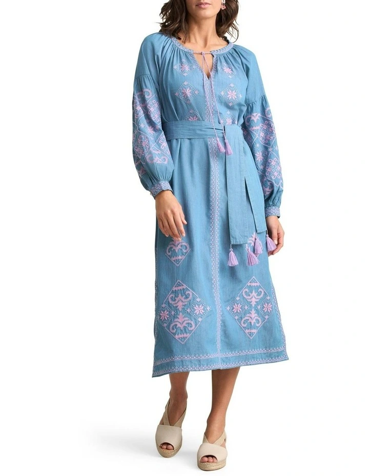 Embroidered Folk Dress in Mid Denim Blue image 1