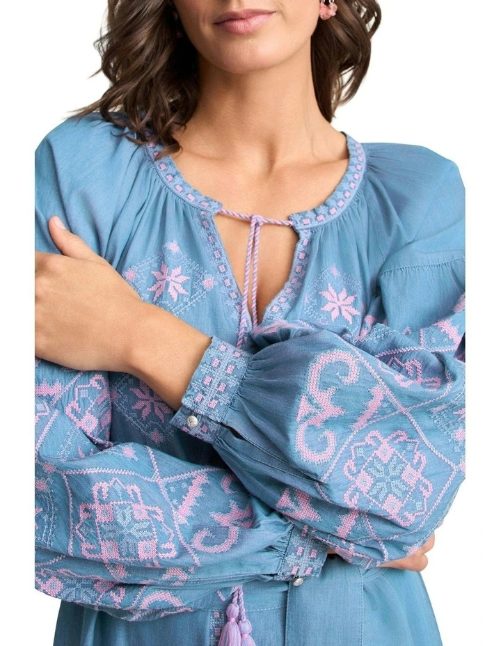 Embroidered Folk Dress in Mid Denim Blue image 2