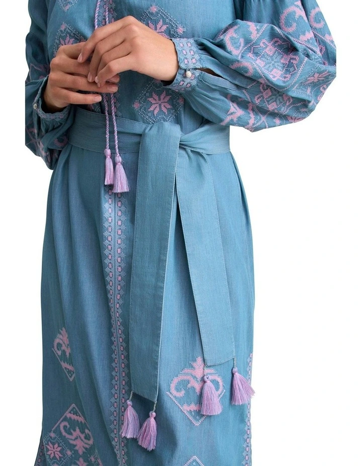 Embroidered Folk Dress in Mid Denim Blue image 3