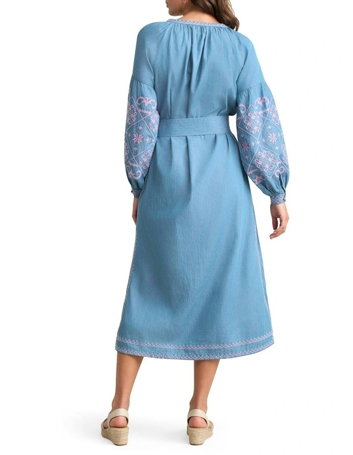 Embroidered Folk Dress in Mid Denim Blue image 4