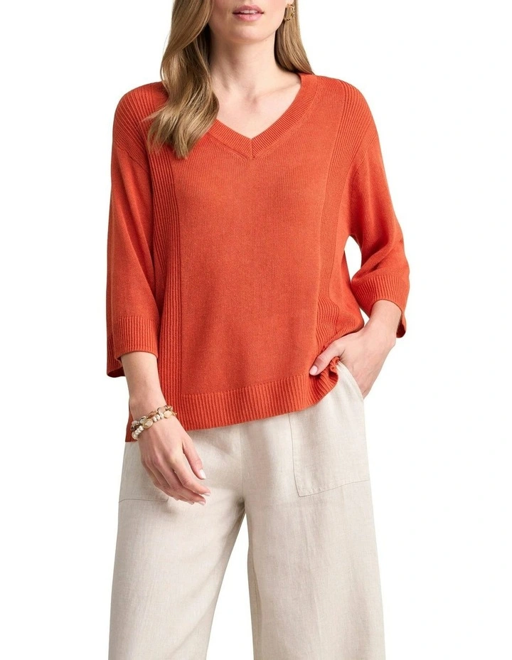 V-Neck Linen Knit Jumper in Burnt Orange image 1
