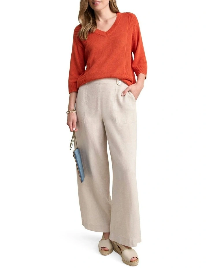 V-Neck Linen Knit Jumper in Burnt Orange image 2