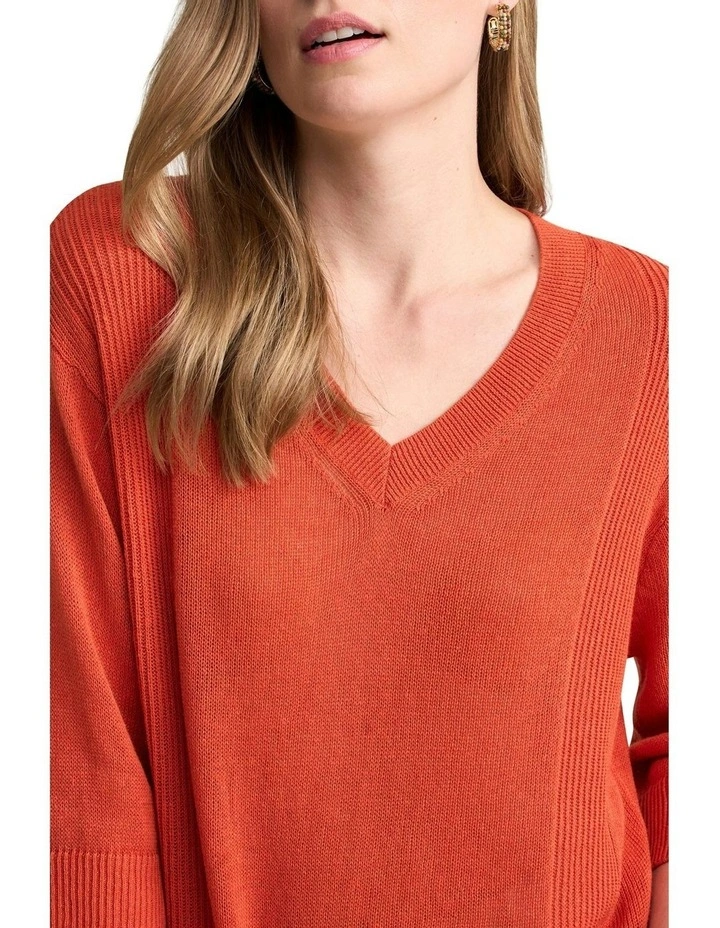 V-Neck Linen Knit Jumper in Burnt Orange image 3