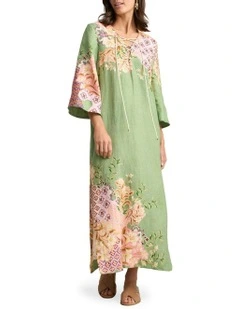 Linen Kaftan Patchwork Print Dress in Green