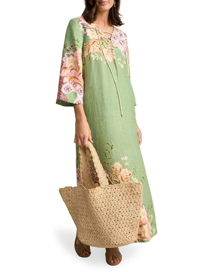 Linen Kaftan Patchwork Print Dress in Green image 2