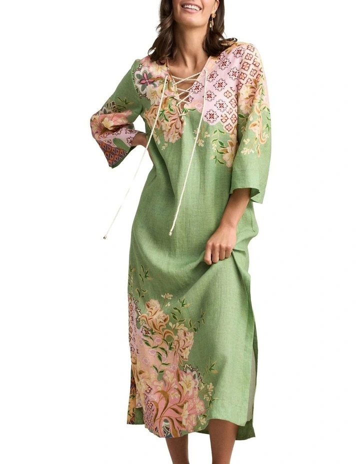 Linen Kaftan Patchwork Print Dress in Green image 3