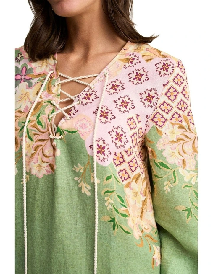 Linen Kaftan Patchwork Print Dress in Green image 4