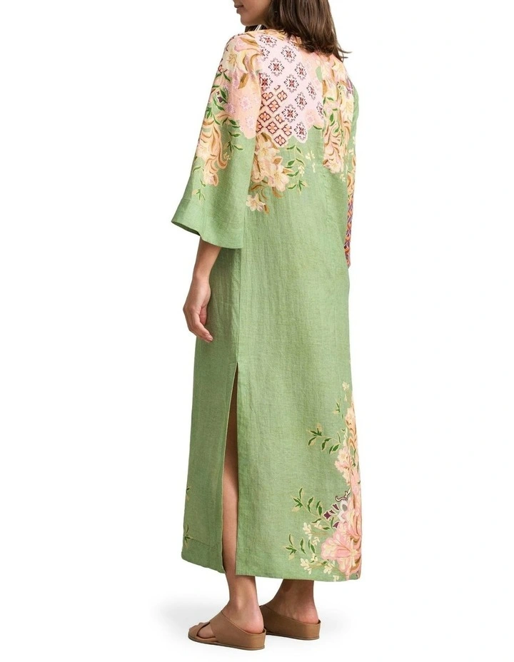 Linen Kaftan Patchwork Print Dress in Green image 5