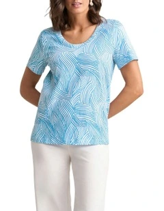 Organic Cotton Linear Curve Print Slub T-shirt in Blue