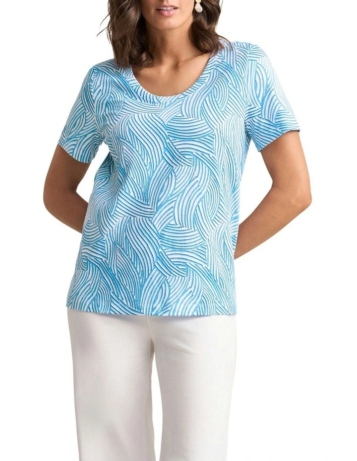 Organic Cotton Linear Curve Print Slub T-shirt in Blue image 1
