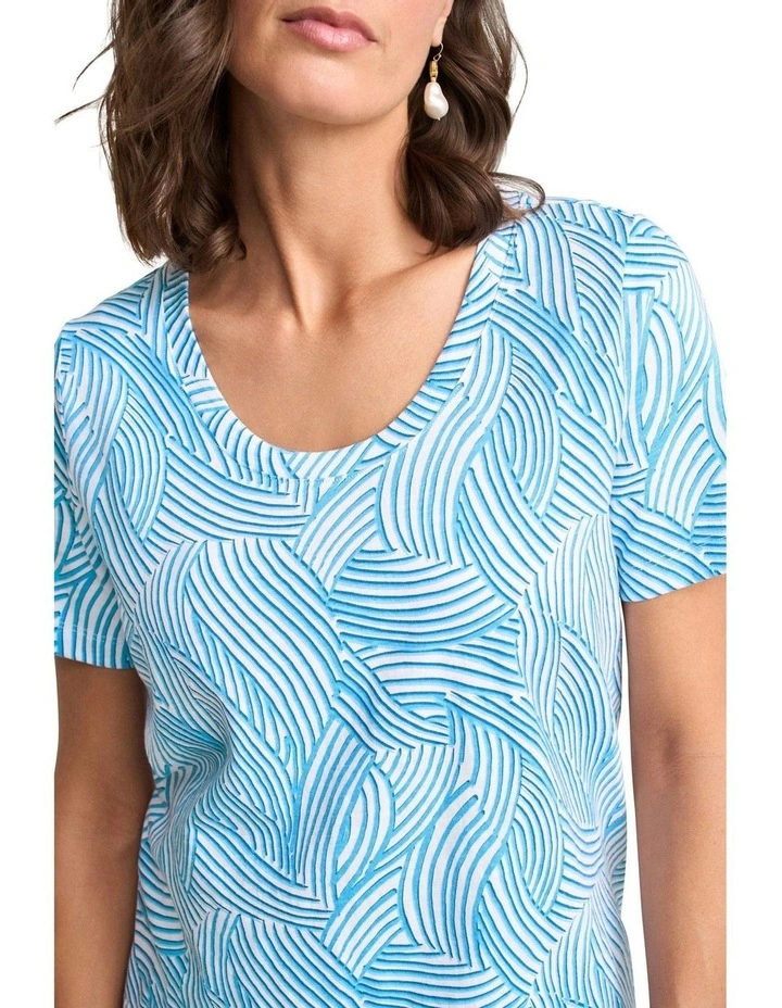 Organic Cotton Linear Curve Print Slub T-shirt in Blue image 3