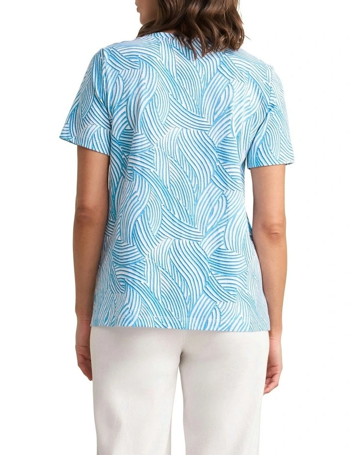 Organic Cotton Linear Curve Print Slub T-shirt in Blue image 4