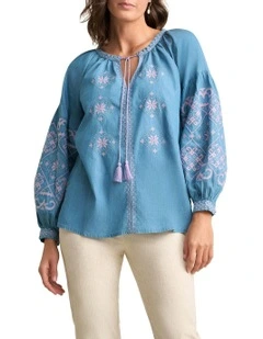 Embroidered Folk Blouse in Mid Denim Blue