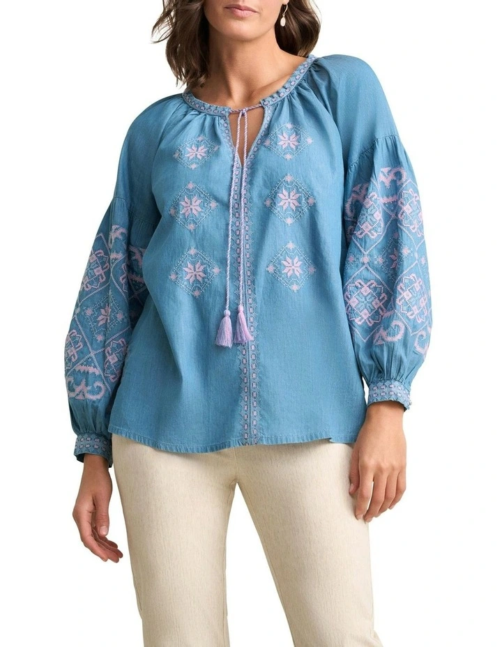 Embroidered Folk Blouse in Mid Denim Blue image 1
