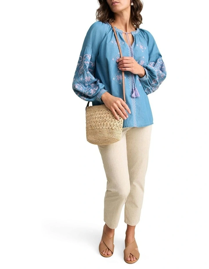 Embroidered Folk Blouse in Mid Denim Blue image 2