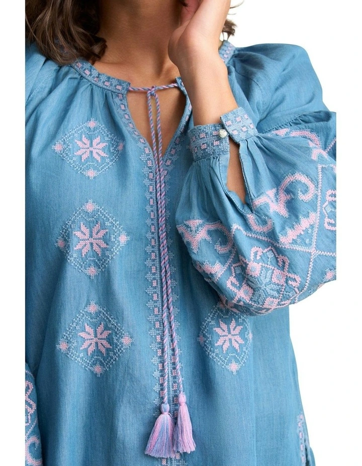Embroidered Folk Blouse in Mid Denim Blue image 3