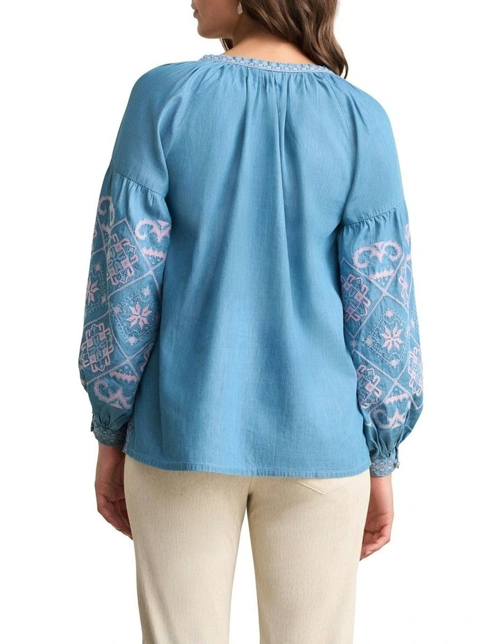 Embroidered Folk Blouse in Mid Denim Blue image 4