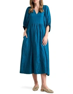 Gathered Sleeve Silk Dress in Teal