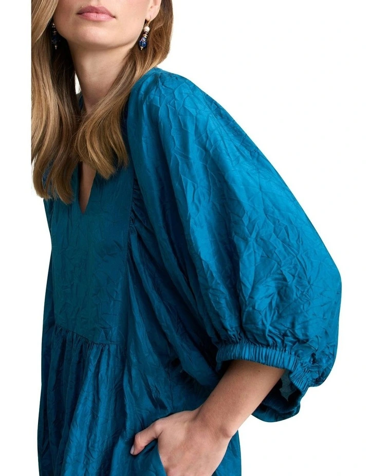 Gathered Sleeve Silk Dress in Teal image 3