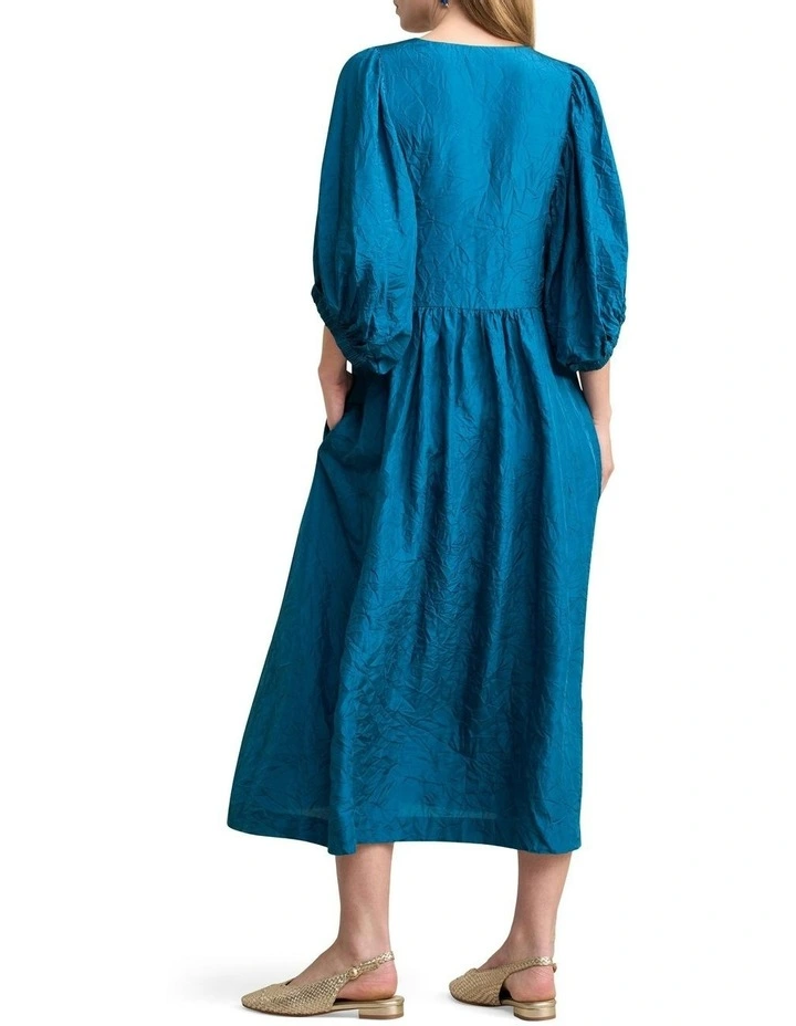 Gathered Sleeve Silk Dress in Teal image 4
