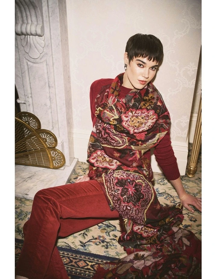 Merlot Embellished Wool Scarf in Red image 3