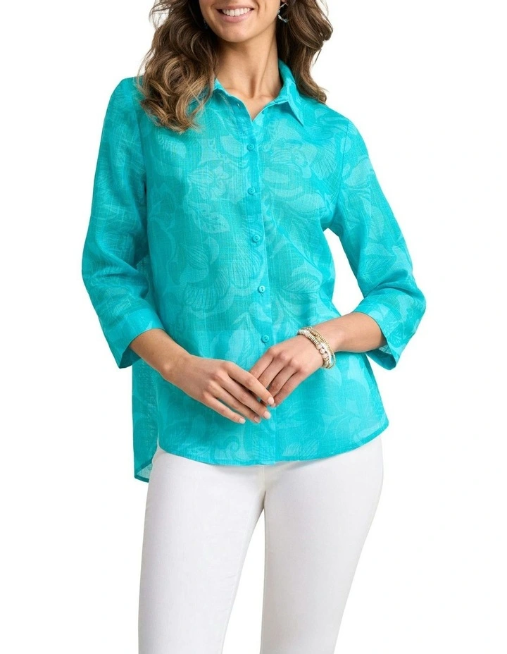 Longline Cotton Foliage Print Shirt in Blue image 1