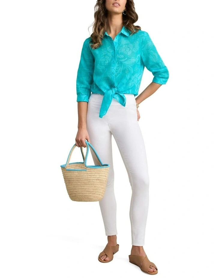 Longline Cotton Foliage Print Shirt in Blue image 2