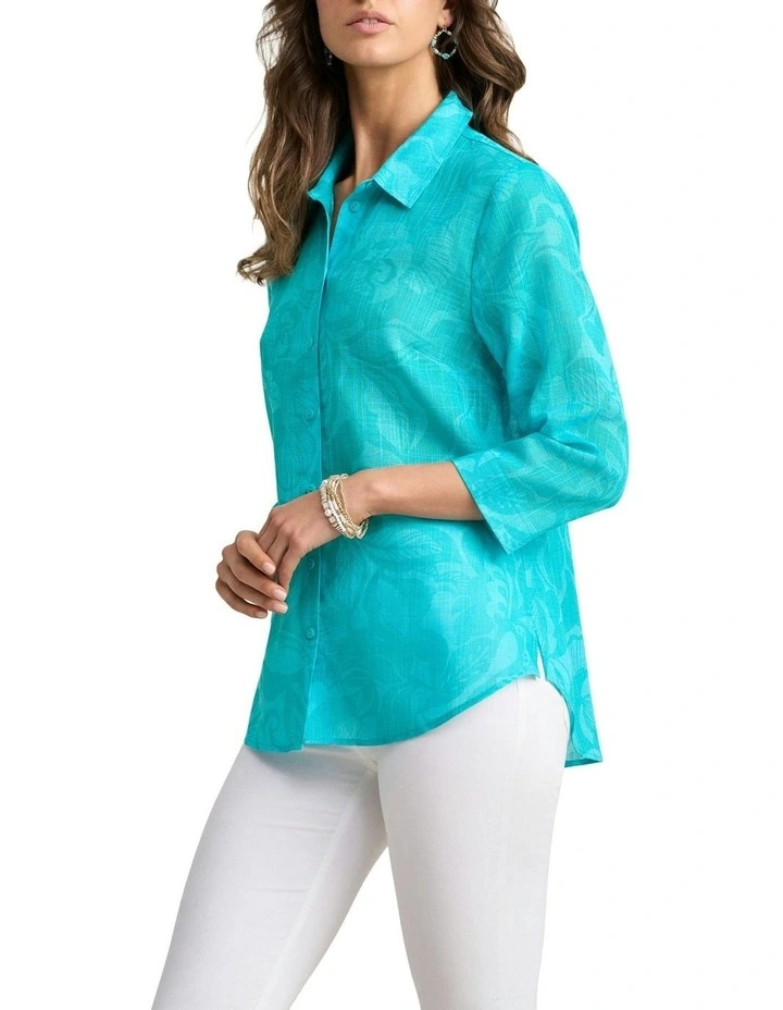 Longline Cotton Foliage Print Shirt in Blue image 3