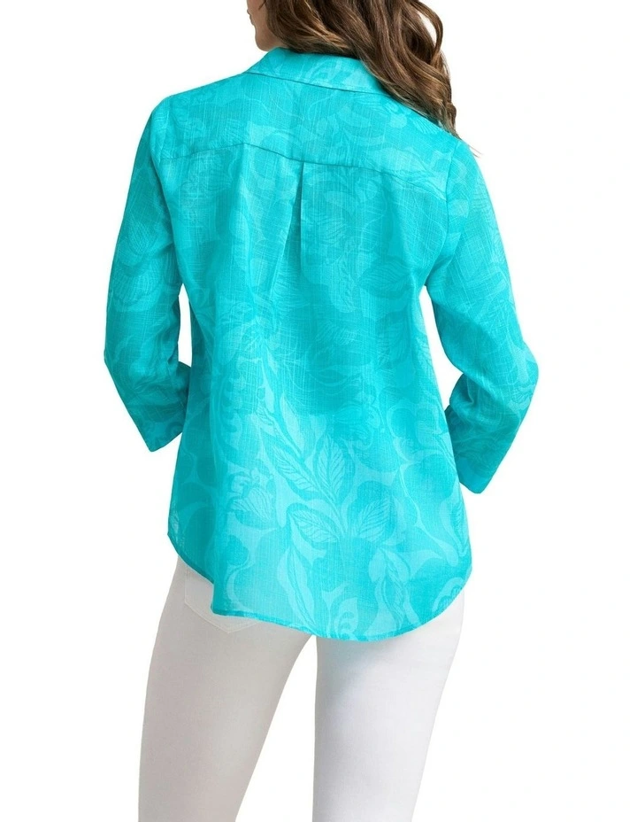 Longline Cotton Foliage Print Shirt in Blue image 4