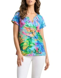 Notch Neck Vibrant Palm Print Cotton Tee in Multi