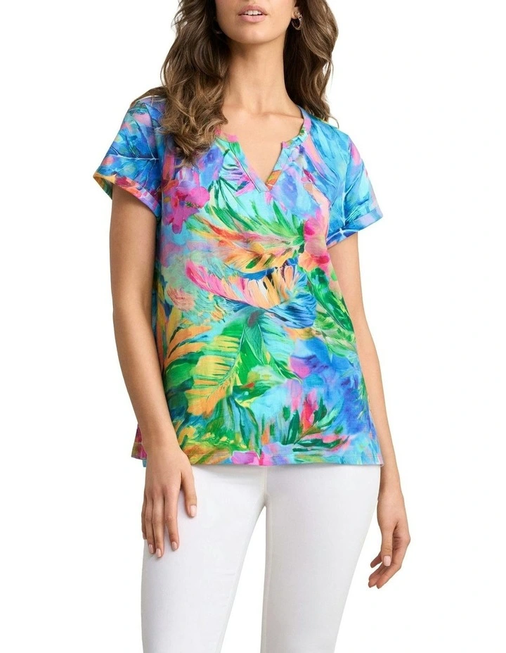Notch Neck Vibrant Palm Print Cotton Tee in Multi image 1