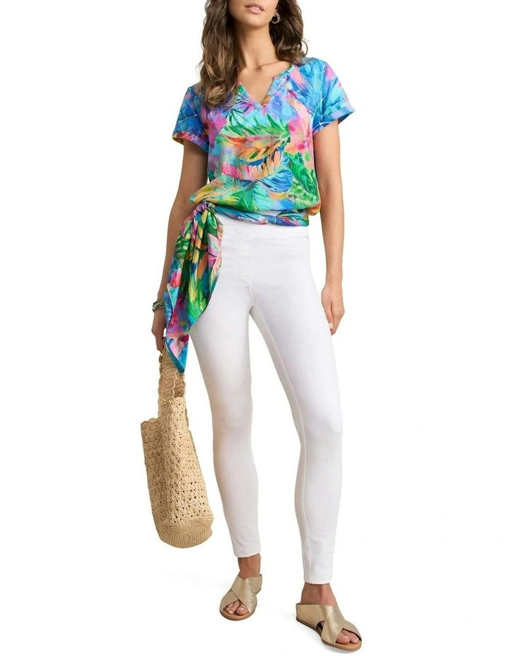 Notch Neck Vibrant Palm Print Cotton Tee in Multi image 2