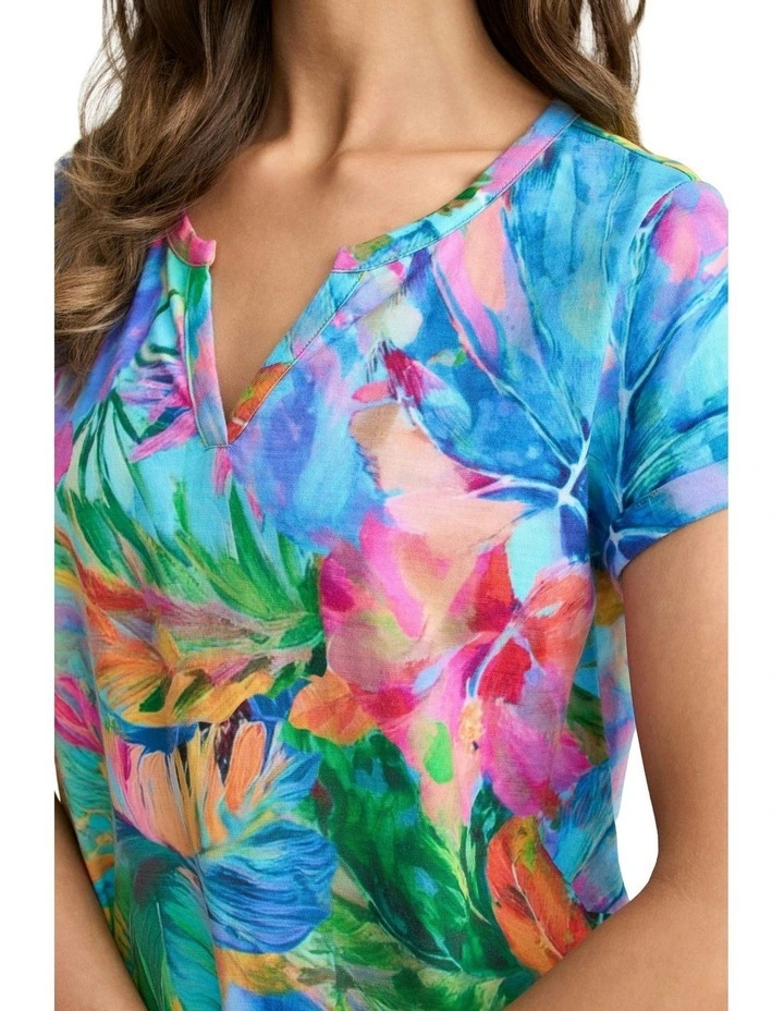 Notch Neck Vibrant Palm Print Cotton Tee in Multi image 3