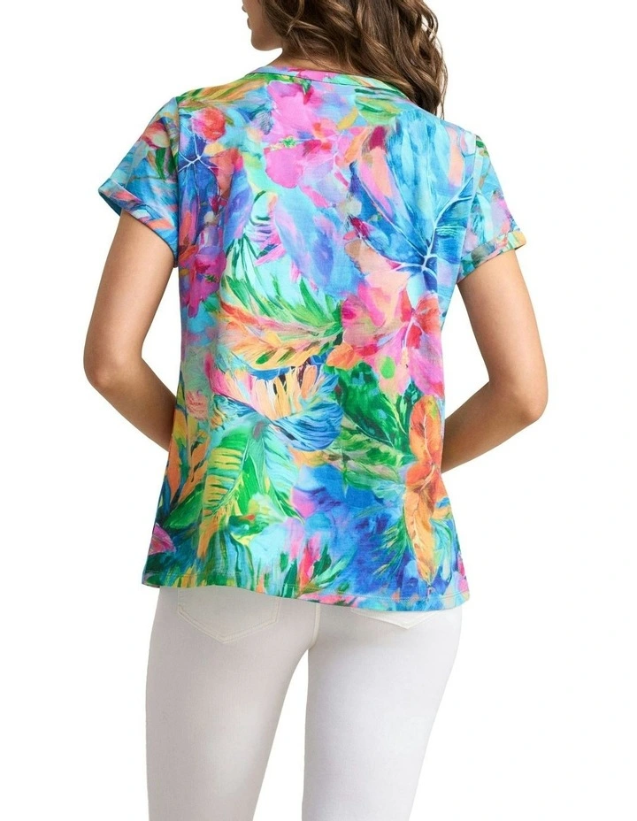 Notch Neck Vibrant Palm Print Cotton Tee in Multi image 4