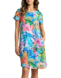 Printed Linen Dress - Vibrant Palm Print