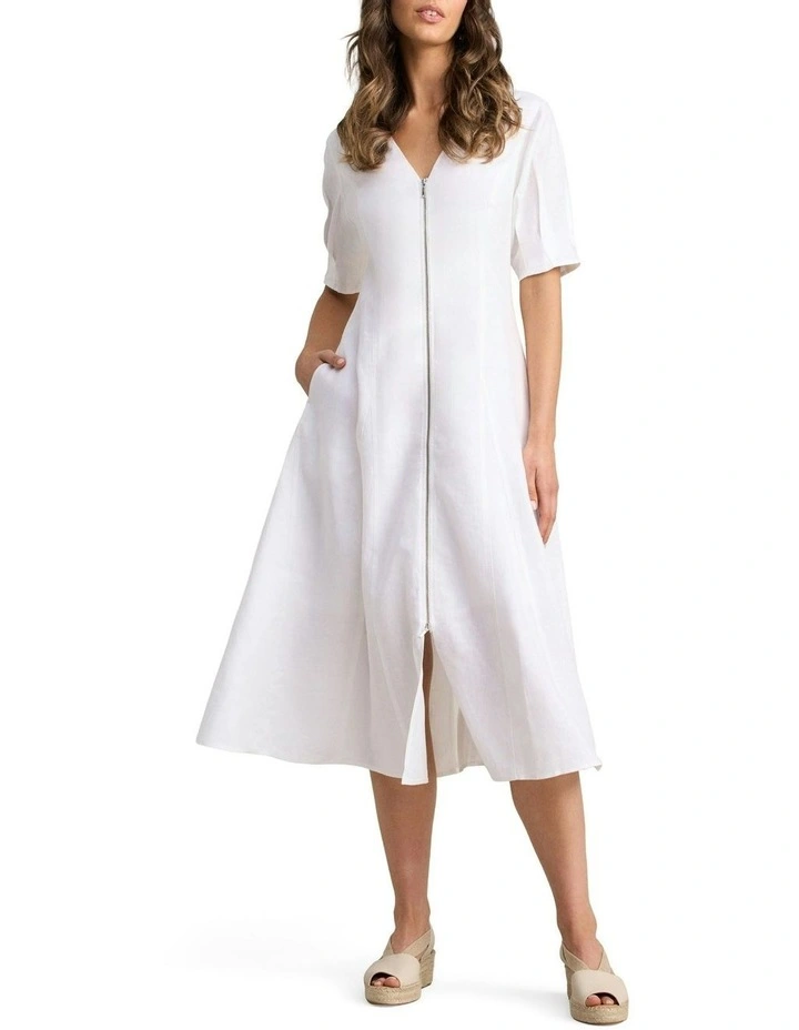 Zip Through Linen Dress - White image 1
