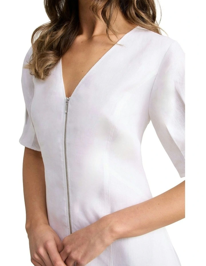 Zip Through Linen Dress - White image 3