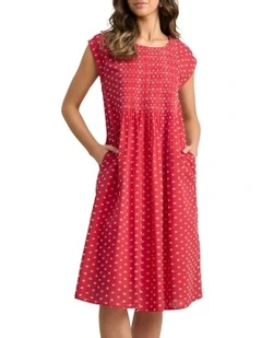 Cotton Shirred Dress in Red
