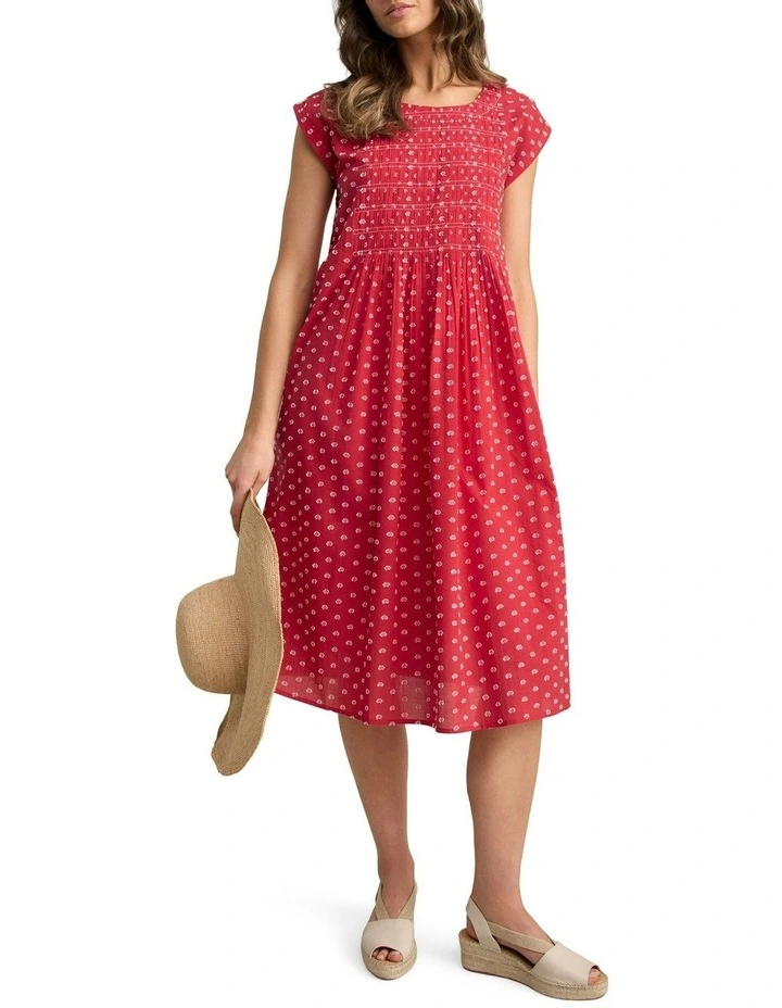 Cotton Shirred Dress in Red image 2