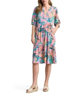 Jersey Tiered Dress - Multi Palm Print