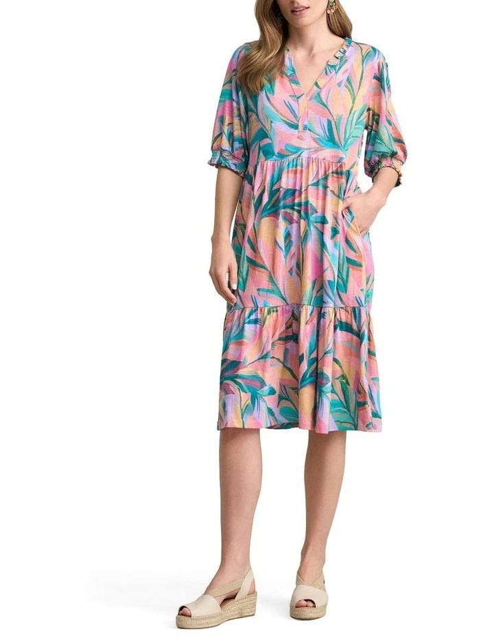 Jersey Tiered Dress - Multi Palm Print image 1