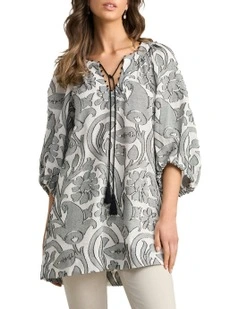 Beaded Cotton Kaftan Dress in Paisley Jacquard