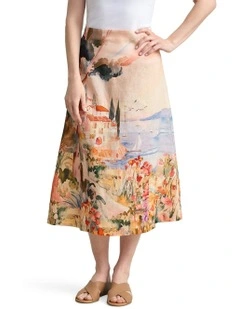 Scenic Linen Skirt in Coastal Scenic Print